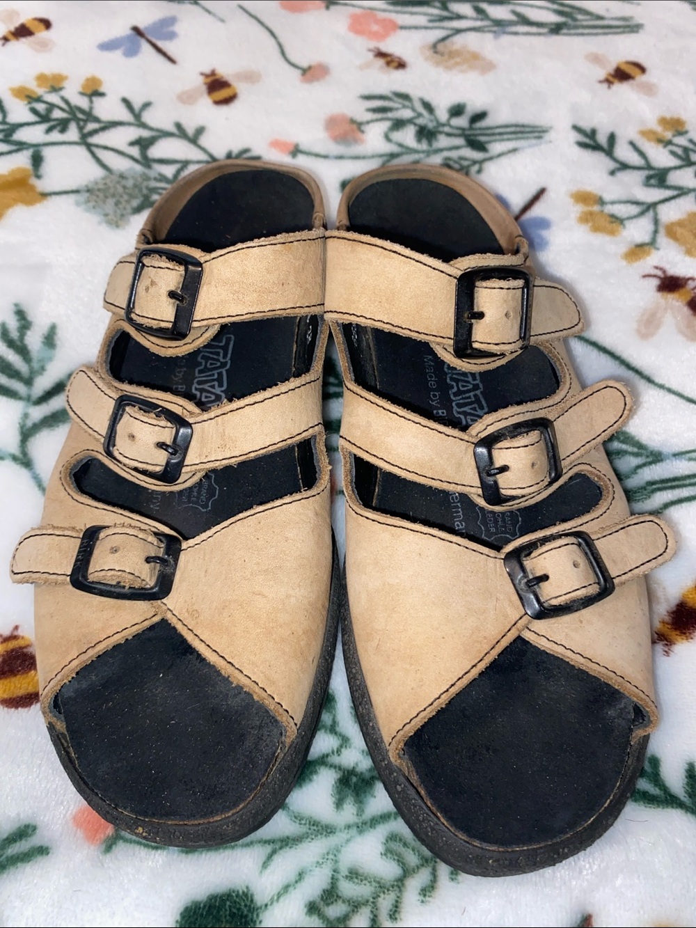 Birkenstock Two-Tone Beige and Black Triple-Strap Clogs